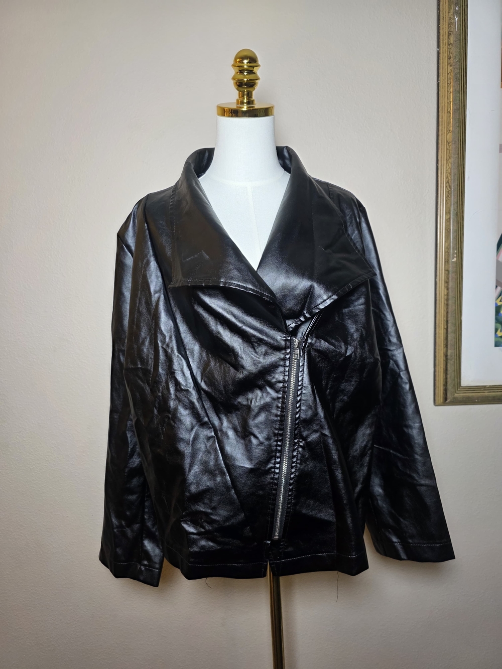 SHEIN Curve Women's 3XL Black Faux Leather Waterfall Moto Jacket